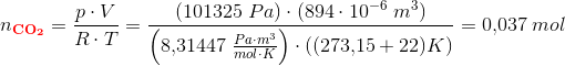 n_{\mathbf{\color{Red} CO_2}}=\frac{p\cdot V}{R\cdot T}=\frac{(101325\; Pa)\cdot (894\cdot 10^{-6}\; m^3)}{\left ( 8{,}31447\; \tfrac{Pa\cdot m^3}{mol\cdot K} \right )\cdot ((273{,}15+22)K)}=0{,}037\; mol
