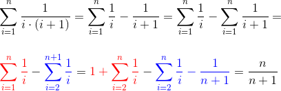 \\\sum_{i=1}^{n}\frac{1}{i\cdot (i+1)}= \sum_{i=1}^{n}\frac{1}{i}-\frac{1}{i+1}= \sum_{i=1}^{n}\frac{1}{i}-\sum_{i=1}^{n}\frac{1}{i+1}=\\\;\\\;\\ {\color{Red} \sum_{i=1}^{n}\frac{1}{i}}-{\color{Blue} \sum_{i=2}^{n+1}\frac{1}{i}}= {\color{Red} 1+\sum_{i=2}^{n}\frac{1}{i}}-{\color{Blue} \sum_{i=2}^{n}\frac{1}{i}-\frac{1}{n+1}}=\frac{n}{n+1}