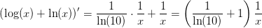 \left (\log (x)+\ln (x)\right ){}'=\frac{1}{\ln(10)}\cdot \frac{1}{x}+\frac{1}{x}=\left (\frac{1}{\ln(10)}+1 \right )\frac{1}{x}