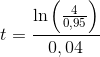 t=\frac{\ln\left (\frac{4}{0,95} \right )}{0,04}
