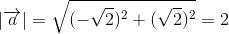\left | \overrightarrow{a} \right |=\sqrt{(-\sqrt{2})^2+(\sqrt{2})^2}=2