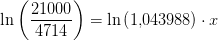 \ln\left (\frac{21000}{4714} \right )=\ln \left (1{,}043988 \right )\cdot x