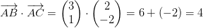 \overrightarrow{AB}\cdot \overrightarrow{AC}=\begin{pmatrix} 3\\1 \end{pmatrix}\cdot \begin{pmatrix} 2\\-2 \end{pmatrix}=6+(-2)=4