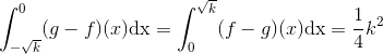 \int_{-\sqrt{k}}^{0}(g-f)(x)\mathrm{dx}=\int_{0}^{\sqrt{k}}(f-g)(x)\mathrm{dx}=\frac{1}{4}k^2