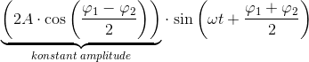 \underset{konstant\; amplitude}{\underbrace{\left (2A\cdot \cos\left ( \frac{\varphi _1-\varphi _2}{2} \right ) \right )}}\cdot \sin\left ( \omega t+\frac{\varphi _1+\varphi _2}{2} \right )