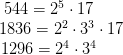 \begin{matrix} 544=2^5\cdot 17\\ \, \, \, \, \, \, \, \, \, 1836=2^2\cdot 3^3\cdot 17 \\ 1296=2^4\cdot 3^4 \end{matrix}