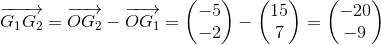 \overrightarrow{G_1G_2}=\overrightarrow{OG_2}-\overrightarrow{OG_1}=\begin{pmatrix} -5\\-2 \end{pmatrix}-\begin{pmatrix} 15\\7 \end{pmatrix}=\begin{pmatrix} -20\\ -9 \end{pmatrix}