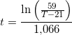 \small t=\frac{\ln\left (\frac{59}{T - 21} \right ) }{1{,}066}