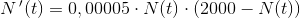 N{\, }'(t)=0,00005\cdot N(t)\cdot (2000-N(t))