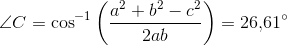 \angle C=\cos^{-1}\left ( \frac{a^2+b^2-c^2}{2 ab} \right )=26{,}61^{\circ}