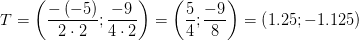 T=\left (\frac{-\left ( -5 \right )}{2\cdot 2}; \frac{-9}{4\cdot 2} \right )=\left ( \frac{5}{4};\frac{-9}{8} \right )=\left ( 1.25;-1.125 \right )