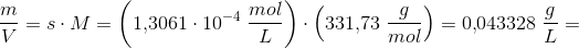 \frac{m}{V}=s\cdot M=\left ( 1{,}3061\cdot 10^{-4}\; \frac{mol}{L} \right )\cdot \left ( 331{,}73\; \frac{g}{mol} \right )=0{,}043328\; \frac{g}{L}=