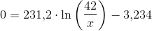 0=231{,}2\cdot \ln\left ( \frac{42}{x} \right )-3{,}234