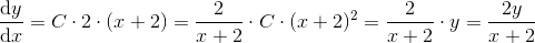 \frac{\mathrm{d} y}{\mathrm{d} x}=C\cdot 2\cdot (x+2)=\frac{2}{x+2}\cdot C\cdot (x+2)^2=\frac{2}{x+2}\cdot y=\frac{2y}{x+2}