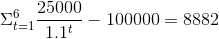 \Sigma_{t=1}^{6}\frac{25000}{1.1^t} -100000 = 8882