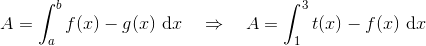 A=\int_a^b{f(x)-g(x)} ~\text{d}x~~~\Rightarrow~~~A=\int_1^3{t(x)-f(x)} ~\text{d}x