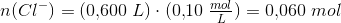 n(Cl^{-})= (0{,}600\; L)\cdot (0{,}10\; \tfrac{mol}{L})=0{,}060\; mol