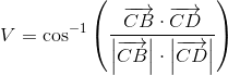 V=\cos^{-1}\left (\frac{\overrightarrow{CB}\cdot \overrightarrow{CD}}{\left | \overrightarrow{CB} \right |\cdot \left|\overrightarrow{CD} \right|}\right )