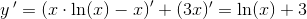 y{\, }'=\left ( x\cdot \ln(x)-x \right ){}'+(3x){}'=\ln(x)+3