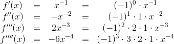 \begin{matrix} f'(x) &=& x^{-1} &=& (-1)^0 \cdot x^{-1} \\ f''(x) &=& -x^{-2} &=& (-1)^1\cdot 1 \cdot x^{-2} \\ f'''(x) &=& 2x^{-3} &=& (-1)^2 \cdot 2\cdot 1 \cdot x^{-3} \\ f''''(x) &=& -6x^{-4} &=& (-1)^3 \cdot 3\cdot 2 \cdot 1 \cdot x^{-4} \end{matrix}