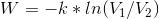 W=-k*ln(V_{1}/V_{2})