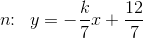 n\! \! :\; \; y=-\frac{k}{7}x+\frac{12}{7}