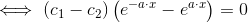 \iff \left( c_1-c_2\right )\left(e^{-a\cdot x}- e^{a\cdot x}\right )=0