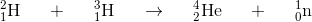 _{1}^{2}\textrm{H}\; \; \;\; \; +\; \; \;\; \; _{1}^{3}\textrm{H}\; \; \; \; \; \rightarrow \; \; \; \; \; _{2}^{4}\textrm{He}\; \; \; \; \; +\; \; \; \; \; _{0}^{1}\textrm{n}