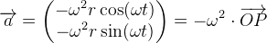 \overrightarrow{a}=\begin{pmatrix} -\omega ^2r\cos(\omega t)\\ -\omega ^2r\sin(\omega t) \end{pmatrix}=-\omega ^2\cdot \overrightarrow{OP}