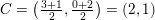 \small C=\left (\tfrac{3+1}{2} ,\tfrac{0+2}{2} \right )=(2,1)