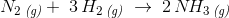 N_2\, _{\textit{(g)}} +\; 3\, H_2\, _{\textit{(g)}} \; \rightarrow \; 2\, N\! H_3\, _{\textit{(g)}}