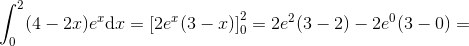 \int_0^{2}(4-2x)e^x\mathrm{d}x=\left [2e^x(3-x) \right ]_{0}^{2}=2e^2(3-2)-2e^0(3-0)=