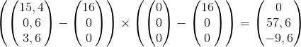 \left (\begin{pmatrix} 15,4\\0,6 \\ 3,6 \end{pmatrix}-\begin{pmatrix} 16\\0 \\ 0 \end{pmatrix} \right )\times\left (\begin{pmatrix} 0\\0 \\ 0 \end{pmatrix}-\begin{pmatrix} 16\\0 \\ 0 \end{pmatrix} \right )=\begin{pmatrix} 0\\57,6 \\ -9,6 \end{pmatrix}