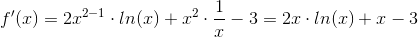 f'(x) = 2x^{2-1}\cdot ln(x) + x^2 \cdot \frac{1}{x} - 3 = 2x\cdot ln(x)+x-3