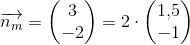 \overrightarrow{n_m}=\begin{pmatrix} 3\\-2 \end{pmatrix}=2\cdot \begin{pmatrix} 1{,}5\\ -1 \end{pmatrix}