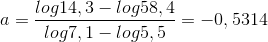 a=\frac{log14,3 - log58,4}{log7,1-log5,5}= -0,5314
