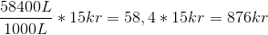 \frac{58400L}{1000L}*15kr=58,4*15kr=876kr