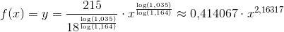 f(x)=y=\frac{215}{18^{\frac{\log(1{,}035)}{\log\left (1{,}164 \right )}}}\cdot x^{\frac{\log(1{,}035)}{\log\left (1{,}164 \right )}}\approx 0{,}414067\cdot x^{2{,}16317}
