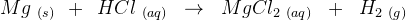 Mg\; _{(s)}\: \: +\: \: HCl\; _{(aq)}\; \; \rightarrow \; \; MgCl_2\; _{(aq)}\; \; +\; \; H_2\; _{(g)}