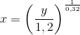 x=\left (\frac{y}{1,2} \right )^{\frac{1}{0,32}}
