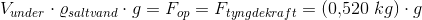 V_{under}\cdot \varrho _{saltvand}\cdot g=F_{op}=F_{tyngdekraft}=(0{,}520\; kg)\cdot g