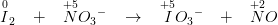 \overset{0}{I}_2\; \; \; +\; \; \; \overset{+5}{N}{O_{3}}^{-}\; \; \; \rightarrow \; \; \; {\overset{+5}{I}{O_{3}}^{-}}\, \; \; +\; \; \; \overset{+2}{N}O