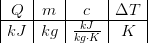 \begin{array} {|c|c|c|c|} Q&m&c&\Delta T\\ \hline kJ&kg&\frac{kJ}{kg\cdot K}&K \end{array}