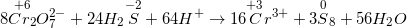 8\overset{+6}{Cr_{2}}O_{7}^{2-}+24H_{2}\overset{-2}{S}+64H^{+} \rightarrow 16\overset{+3}{C}r^{3+}+3\overset{0}{S}_{8}+56H_{2}O