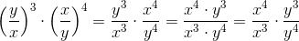 \Big( \frac{y}{x}\Big)^3 \cdot \Big(\frac{x}{y}\Big)^4=\frac{y^3}{x^3}\cdot\frac{x^4}{y^4}=\frac{x^4\cdot y^3}{x^3\cdot y^4}=\frac{x^4}{x^3}\cdot\frac{y^3}{y^4}