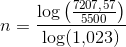 n=\frac{\log\left(\frac{7207{,}57}{5500}\right)}{\log(1{,}023)}