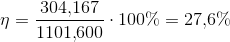 \eta =\frac{304{,}167}{1101{,}600}\cdot 100\%=27{,}6\%
