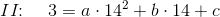 II\! \! :\; \; \;\; 3=a\cdot 14^2+b\cdot 14+c