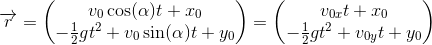 \overrightarrow{r}=\begin{pmatrix} v_0\cos(\alpha )t+x_0\\-\frac{1}{2}gt^2+ v_0\sin(\alpha )t+y_0 \end{pmatrix}=\begin{pmatrix} v_{0x}t+x_0\\ -\frac{1}{2}gt^2+ v_{0y}t+y_0 \end{pmatrix}