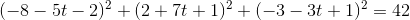 (-8-5t-2)^2+(2+7t+1)^2+(-3-3t+1)^2=42